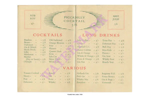 Piccadilly Hotel, London, 1950s Menu