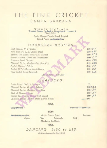 Pink Cricket, Santa Barbara 1960s Menu