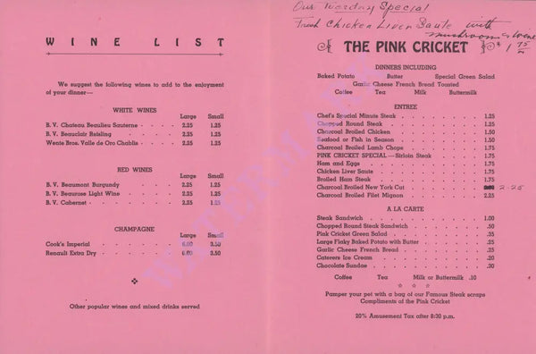 Pink Cricket Welcome, Santa Barbara 1960s Menu