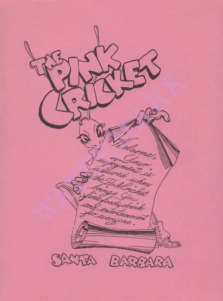 Pink Cricket Welcome, Santa Barbara 1960s Menu Art
