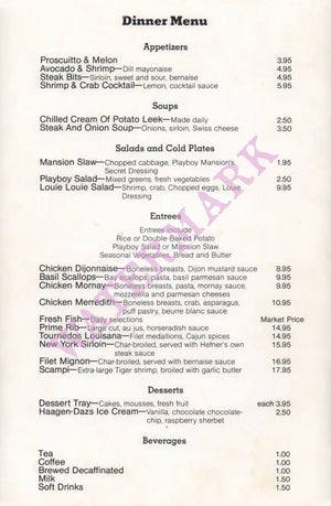 Playboy Club, Los Angeles 1980s Menu