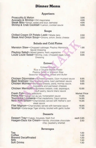 Playboy Club, Los Angeles 1980s Menu