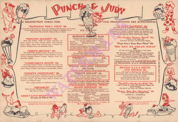 Punch & Judy Ice Cream Parlors. Los Angeles 1949 Menu
