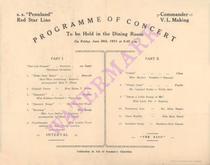 Red Star Line, S.S. Pennland 1931 | Vintage Menu Art - programme of concert