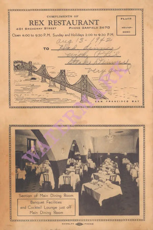 Rex Restaurant, San Francisco 1942 Post Card