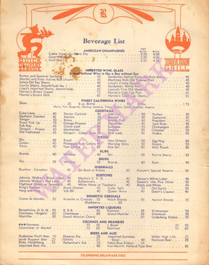 Ricketts, Chicago 1940 Wine List