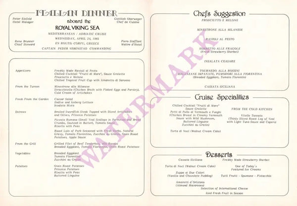 Royal Viking Italian Dinner 1985 Menu