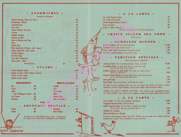 Rusty's Tahitian Room, Santa Catalina Island 1946 Menu
