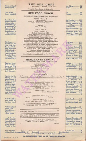 Sea Cave, Oakland 1952 Menu