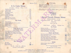 Seven Dwarfs Inn, Unknown 1956 Menu