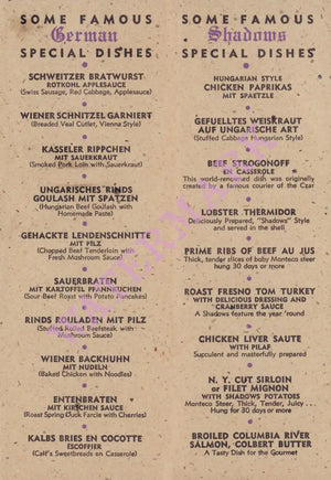 Shadows, San Francisco 1940s | Vintage Menu Art - food menu