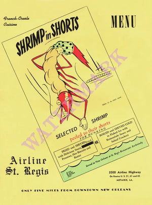 Shrimp in Shorts, St Regis Restaurant, New Orleans, 1950s Menu Art