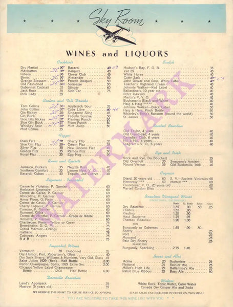 Sky Room, Lockheed Air Terminal, Burbank 1943 Wine List