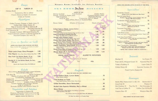 Sky Room, Lockheed Air Terminal, Burbank 1943 Menu