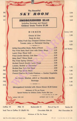 Sky Room, Lockheed Air Terminal, Burbank 1962 | Vintage Menu Art  - dinner menu