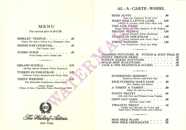Small Fry Express Kid's Menu, Waldorf Astoria, New York 1960s