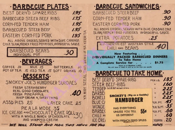 Smokey Joe's, Los Angeles 1960s Menu