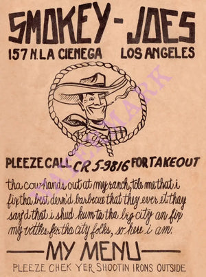 Smokey Joe's, Los Angeles 1960s Menu Art