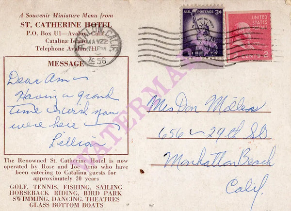 St Catherine's Hotel, Catalina Island 1956 Souvenir miniater menu post card