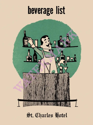 St Charles Hotel, New Orleans 1950s Beverage List menu art