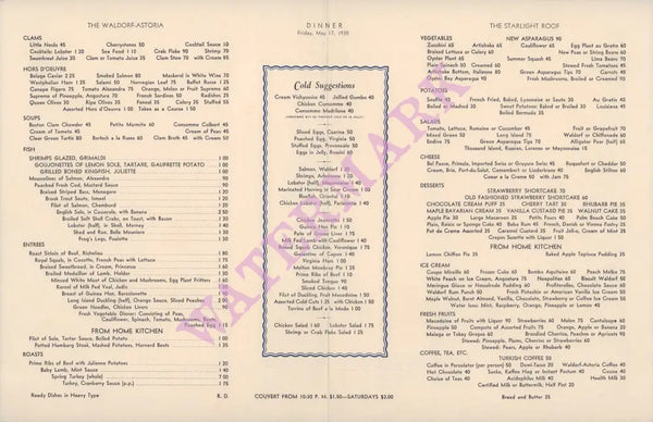 Starlight Roof, Waldorf Astoria, New York 1935 Menu