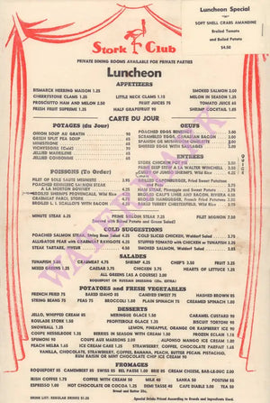 Stork Club, New York 1950s | Vintage Menu Art - food menu