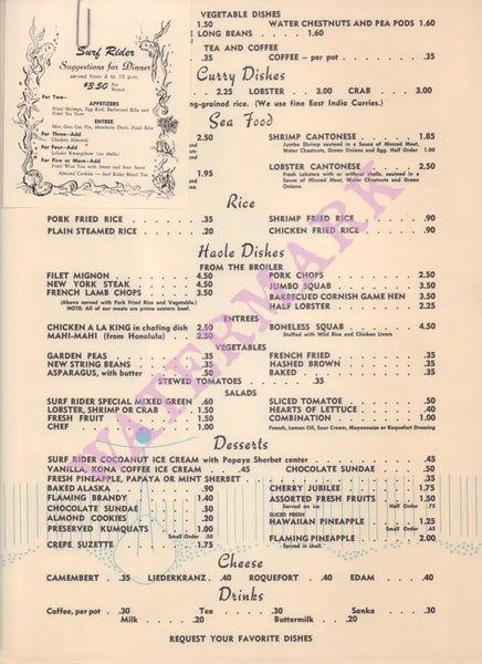 Surf Rider, Pasadena 1950s | Vintage Menu Art – food and dessert