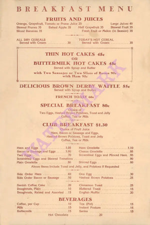 The Brown Derby Coffee Shop, Hollywood, 1957 Breakfast Menu