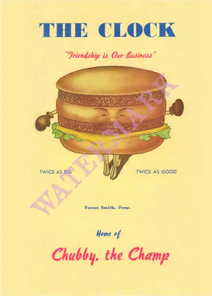 The Clock Home of Chubby the Champ California 1953 Vintage Americana Menus