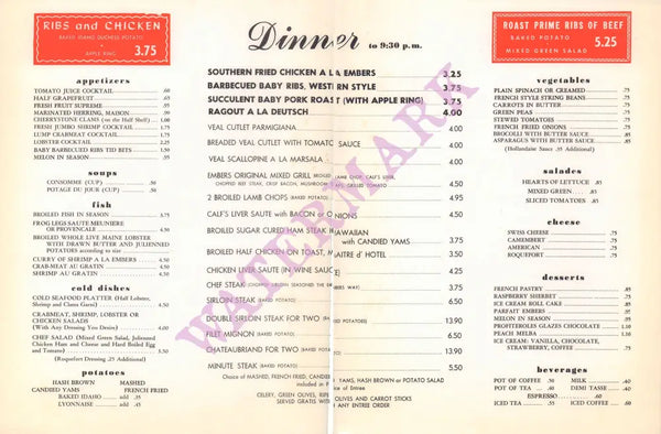 The Embers, New York 1960s Menu