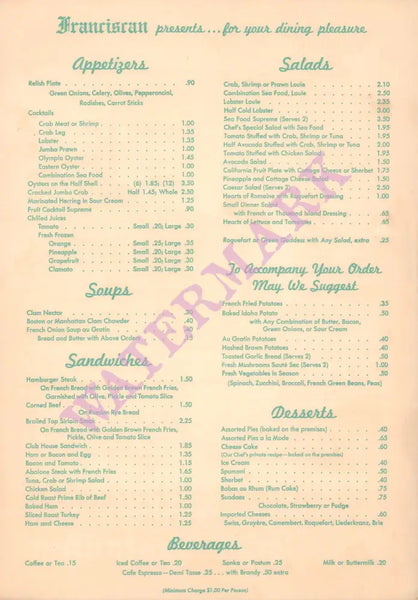 The Franciscan San Francisco 1950s Posters Prints & Visual Artwork