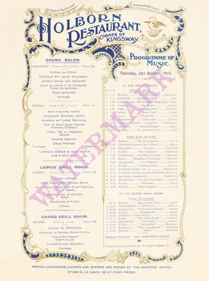 The Holborn Restaurant, London 1913 Menu Art