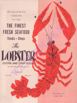 The Lobster (Oyster and Chop House), New York 1959 Menu Art