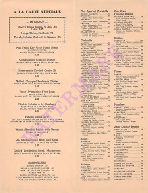 The Pelican, Clearwater Beach 1960s | Vintage Menu Art – appetizers and cocktails