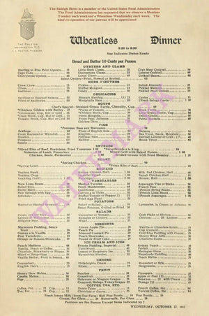 The Raleigh Hotel Wheatless Dinner, Washington D.C. 1917 Menu Art