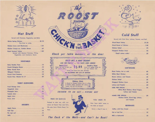 The Roost, Atlantic City 1946/7 Menu