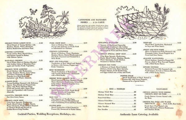 The Tahitian, Pasadena 1960s Menu