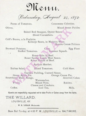 The Willard Hotel, Louisville Kentucky 1892 Menu