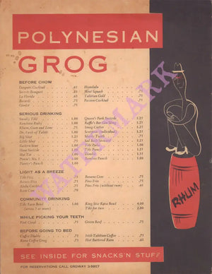 Tiki Bob's, San Francisco 1960s Drinks Menu