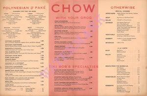 Tiki Bob's, San Francisco 1960s Menu