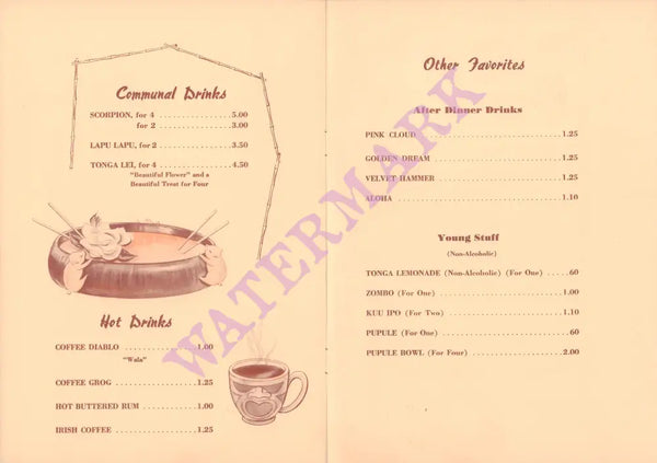 Tonga Lei, Malibu 1960s After Dinner menu