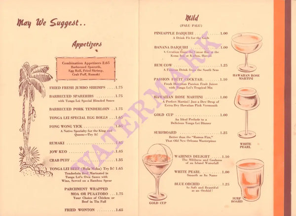 Tonga Lei, Malibu 1960s Menu