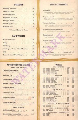 Tonga Room, San Francisco 1950s Menu wine list