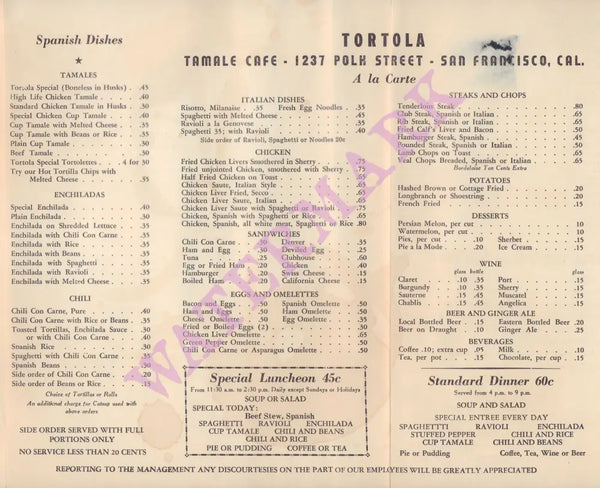 Tortola, Sa Francisco 1939 Menu