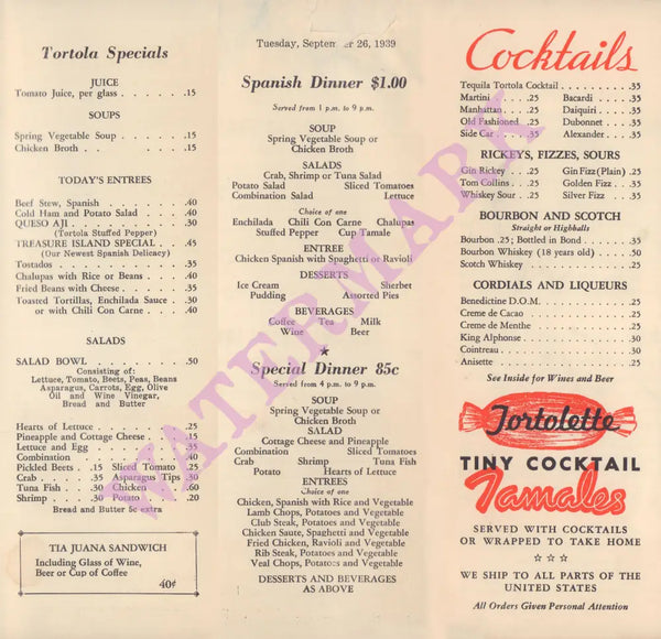 Tortola, Sa Francisco 1939 Menu cocktails