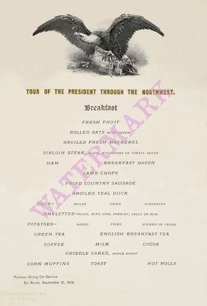 Buttolph British Library Menu Collection Tour of President Theodore Roosevelt Through The Northwest Breakfast Menu