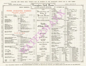 Trocadero Grill Room London 1913 Menu