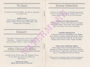 TWA In-flight Menu 1980s Menu