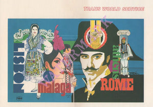 TWA Rome, Athens, Lisbon, Malaga Bob Peak Cover Art 1975 Menu Art