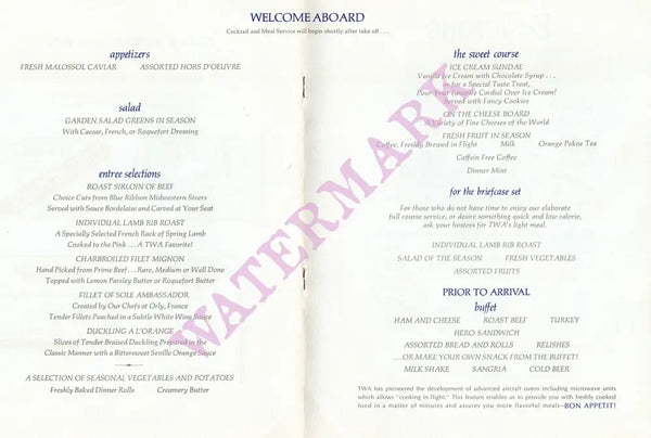 TWA Rome, In-Flight Menu from Paris Orly 1970s